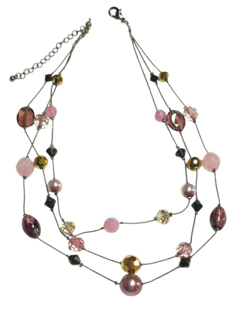 Multistrand Pink Pearl & Crystal Layered Statement Necklace With Metallic Accent